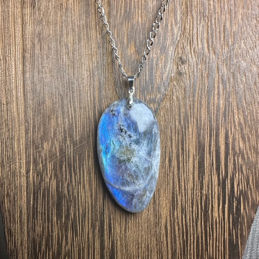 Labradorite Teardrop Pendant Necklace - Long Stainless Steel Chain - Blue Flash - Picture 2 of 13